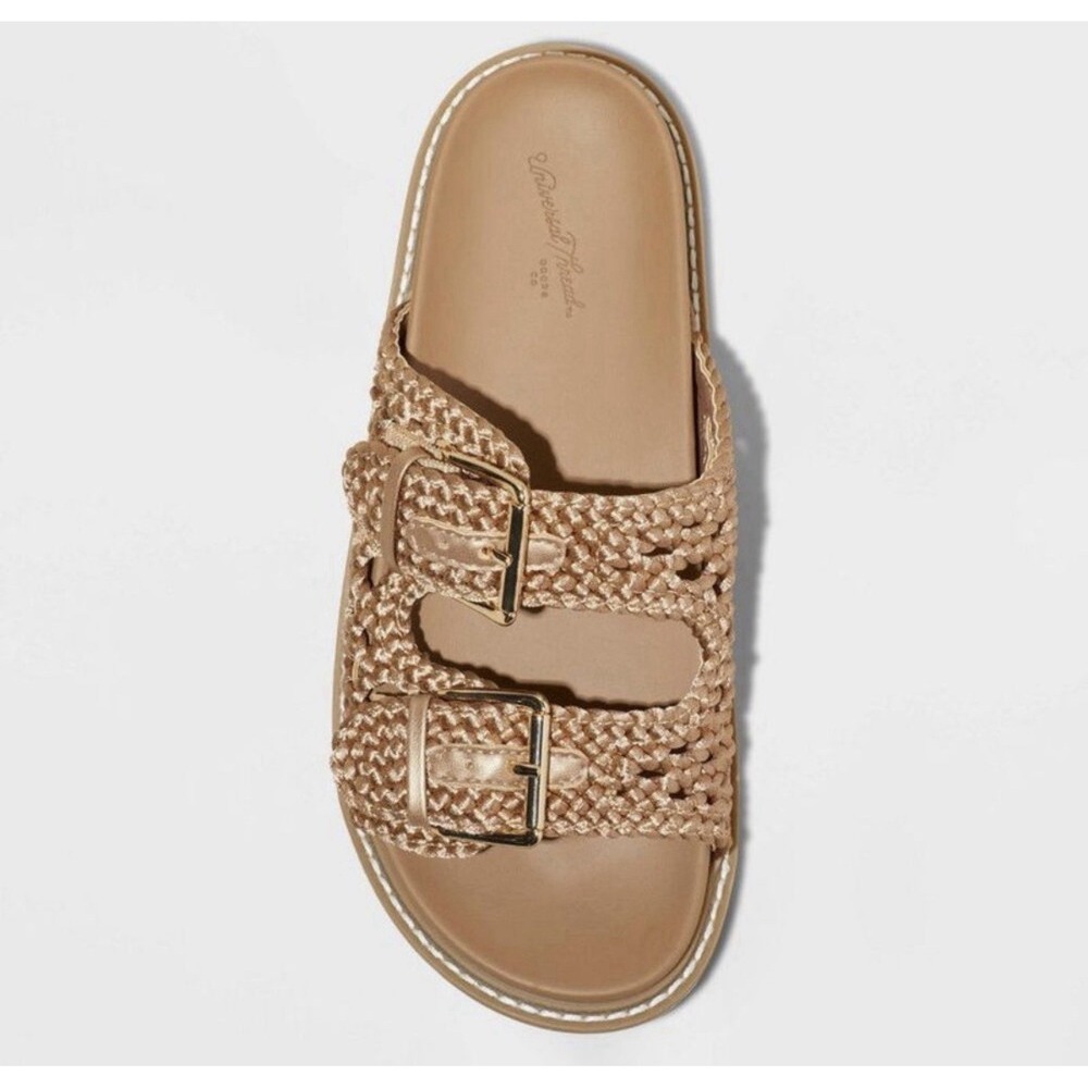 Universal Thread Woven Raffia Double Buckle Sandals Boho Chic Comfort Tan Size 8 - Picture 2 of 4